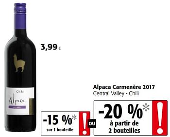Promotions Alpaca carmenère 2017 central valley - chili - Vins rouges - Valide de 06/06/2018 à 19/06/2018 chez Colruyt