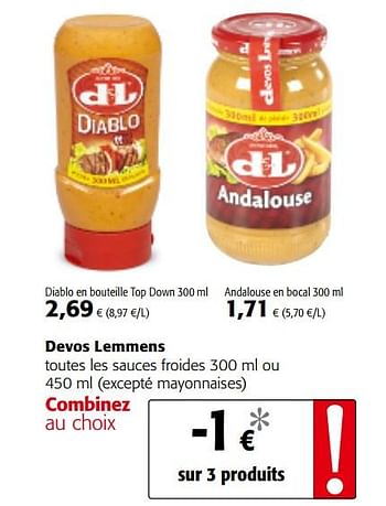 Promotions Devos lemmens toutes les sauces froides - Devos Lemmens - Valide de 06/06/2018 à 19/06/2018 chez Colruyt