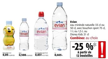 Promotions Evian eau minérale naturelle ou avec bouchon sport ou disney kids - Evian - Valide de 06/06/2018 à 19/06/2018 chez Colruyt