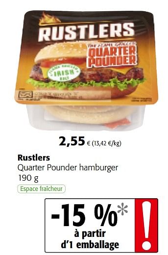 Promotions Rustlers quarter pounder hamburger - Rustlers - Valide de 06/06/2018 à 19/06/2018 chez Colruyt