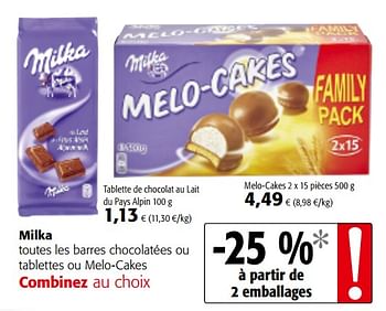 Promotions Milka toutes les barres chocolatées ou tablettes ou melo-cakes - Milka - Valide de 06/06/2018 à 19/06/2018 chez Colruyt