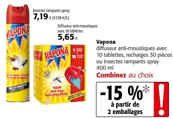 Promotions Vapona diffuseur anti-moustiques avec 10 tablettes, recharges ou insectes rampants spray - Vapona - Valide de 06/06/2018 à 19/06/2018 chez Colruyt