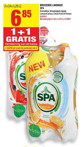 Promoties Bruisende limonade spa grenadine, sinaasappel, appel, lemon-cactus, citrus fruit of citroen - Spa - Geldig van 13/06/2018 tot 19/06/2018 bij Match