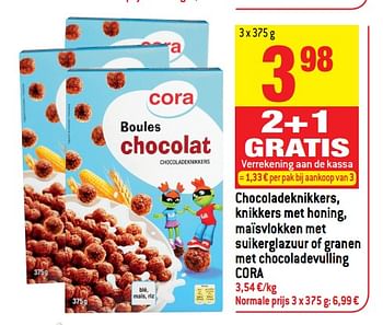 Promotions Chocoladeknikkers, knikkers met honing, maïsvlokken met suikerglazuur of granen met chocoladevulling cora - Produit maison - Match - Valide de 13/06/2018 à 19/06/2018 chez Match
