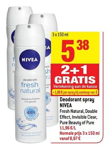 Promotions Deodorant spray nivea fresh natural, double effect, invisible clear, pure beauty of pure - Nivea - Valide de 13/06/2018 à 19/06/2018 chez Match