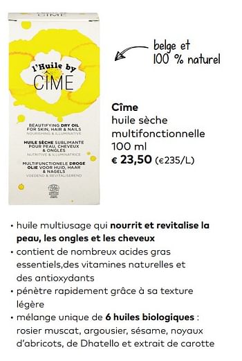 Promotions Cîme huile sèche multifonctionnelle - Cime - Valide de 06/06/2018 à 03/07/2018 chez Bioplanet