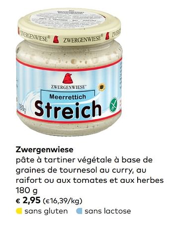 Promotions Zwergenwiese pâte à tartiner végétale à base de graines de tournesol au curry, au raifort ou aux tomates et aux herbes - Zwergenwiese - Valide de 06/06/2018 à 03/07/2018 chez Bioplanet