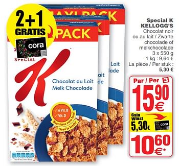 Promoties Special k kellogg`s chocolat noir ou au lait - zwarte chocolade of melkchocolade - Kellogg's - Geldig van 12/06/2018 tot 18/06/2018 bij Cora