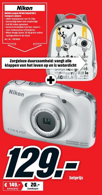 Promoties Nikon coolpix w100 (vqa010e1) compact camera - Nikon - Geldig van 11/06/2018 tot 17/06/2018 bij Media Markt