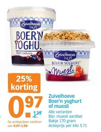 Promotions Zuivelhoeve boer`n yoghurt of muesli - De Zuivelhoeve - Valide de 11/06/2018 à 18/06/2018 chez Albert Heijn