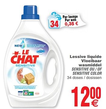 Promoties Lessive liquide vloeibaar wasmiddel sensitive ou - of sensitive color - Le Chat - Geldig van 12/06/2018 tot 18/06/2018 bij Cora