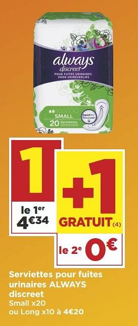 Promoties Serviettes pour fuites urinaires always discreet - Always - Geldig van 12/06/2018 tot 24/06/2018 bij Super Casino