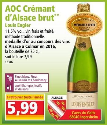 Promotions Aoc crémant d`alsace brut louis engler - Mousseux - Valide de 13/06/2018 à 19/06/2018 chez Norma