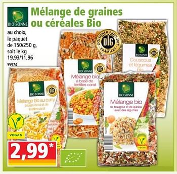 Promoties Bio sonne mélange de graines ou céréales bio - Bio Sonne - Geldig van 13/06/2018 tot 19/06/2018 bij Norma