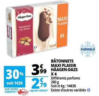 Promotions Bâtonnets maxi plaisir häagen-dazs x 4 - Haagen-Dazs - Valide de 13/06/2018 à 19/06/2018 chez Auchan Ronq