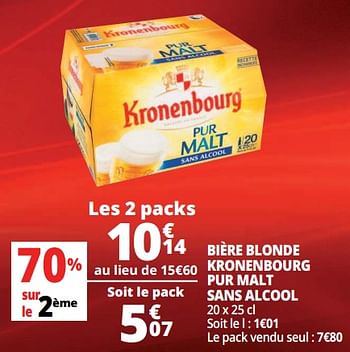 Promoties Bière blonde kronenbourg pur malt sans alcool - Kronenbourg - Geldig van 13/06/2018 tot 19/06/2018 bij Auchan