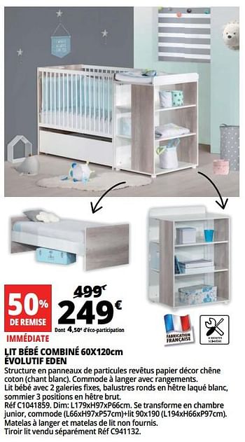Promoties Lit bébé combiné évolutif eden - Huismerk - Auchan - Geldig van 13/06/2018 tot 19/06/2018 bij Auchan