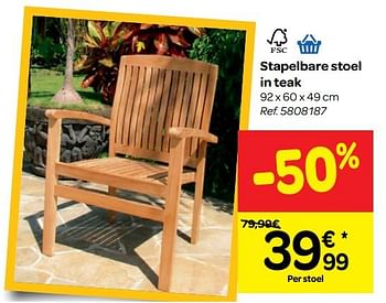 Promoties Stapelbare stoel in teak - Huismerk - Carrefour  - Geldig van 13/06/2018 tot 25/06/2018 bij Carrefour