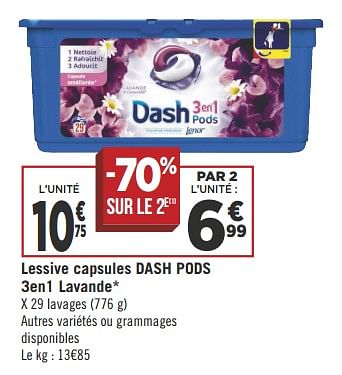 Promoties Lessive capsules dash pods 3en1 lavande - Dash - Geldig van 12/06/2018 tot 24/06/2018 bij Géant Casino