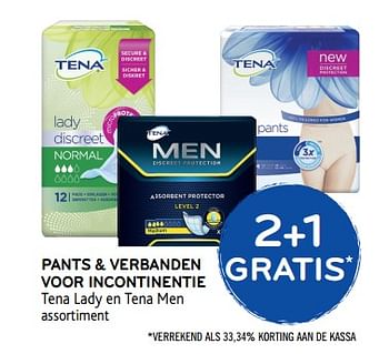 Promoties Pants + verbanden voor incontinentie tena lady en tena men 2 + 1 gratis - Tena - Geldig van 20/06/2018 tot 03/07/2018 bij Alvo