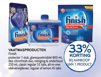 Promoties Vaatwasproducten finish 33% korting bij aankoop van 1 product - Finish - Geldig van 20/06/2018 tot 03/07/2018 bij Alvo