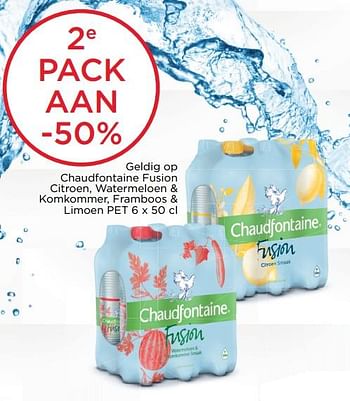 Promoties 2e pack aan -50% geldig op chaudfontaine fusion citroen, watermeloen + komkommer, framboos + limoen - Chaudfontaine - Geldig van 20/06/2018 tot 03/07/2018 bij Alvo