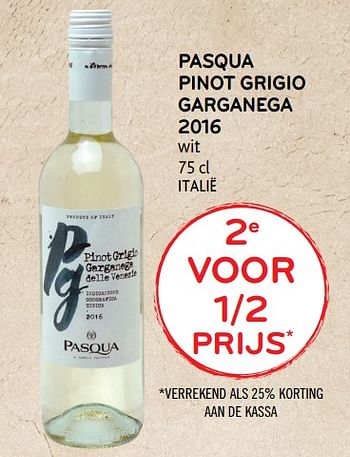 Promoties Pasqua pinot grigio garganega 2016 wit 2e voor 1-2 prijs - Witte wijnen - Geldig van 20/06/2018 tot 03/07/2018 bij Alvo