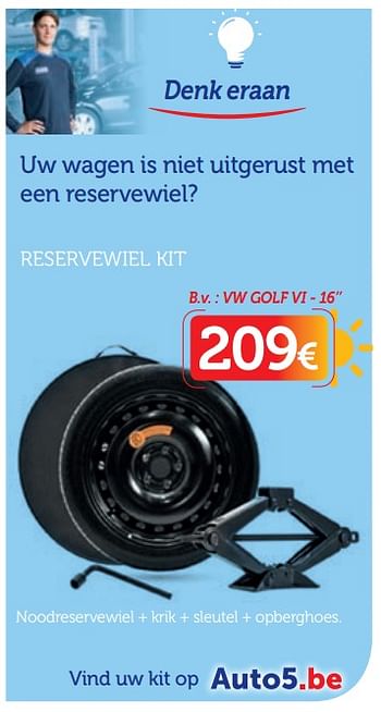 Promoties Reservewiel kit vw golf vi - 16`` - Huismerk - Auto 5  - Geldig van 18/06/2018 tot 17/07/2018 bij Auto 5