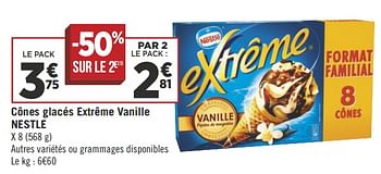 Promotions Cônes glacés extrême vanille nestle - Nestlé - Valide de 12/06/2018 à 24/06/2018 chez Géant Casino