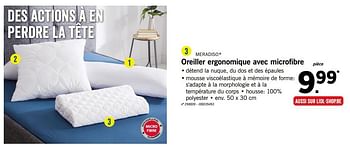 Promoties Oreiller ergonomique avec microfibre - Meradiso - Geldig van 18/06/2018 tot 23/06/2018 bij Lidl