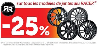 Promotions - 25% sur tous les modèles de jantes alu racer - Racer - Valide de 18/06/2018 à 17/07/2018 chez Auto 5