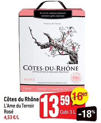 Promotions Côtes du rhône l`ame du terroir rosé - Vins rosé - Valide de 20/06/2018 à 10/07/2018 chez Smatch