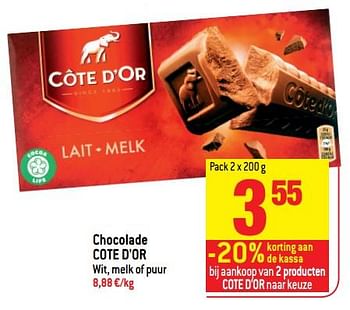 Promoties Chocolade cote d`or wit, melk of puur - Cote D'Or - Geldig van 20/06/2018 tot 25/06/2018 bij Match