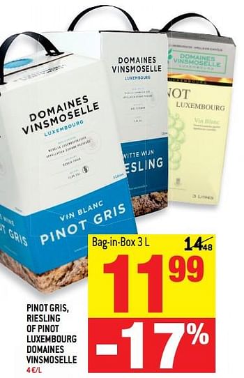 Promotions Pinot gris, riesling of pinot luxembourg domaines vinsmoselle - Vins blancs - Valide de 20/06/2018 à 10/07/2018 chez Match