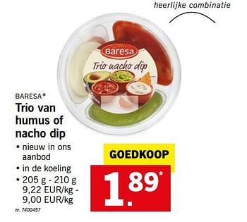 Promoties Trio van humus of nacho dip - Baresa - Geldig van 25/06/2018 tot 30/06/2018 bij Lidl