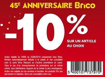 Promotions -10% sur un article au choix - Produit maison - Brico - Valide de 20/06/2018 à 25/06/2018 chez Brico