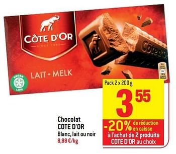 Promotions Chocolat cote d`or blanc, lait ou noir - Cote D'Or - Valide de 20/06/2018 à 25/06/2018 chez Match