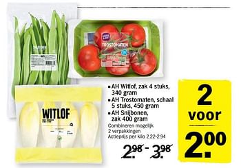 Promotions Ah witlof, trostomaten, snijbonen - Produit Maison - Albert Heijn - Valide de 18/06/2018 à 24/06/2018 chez Albert Heijn