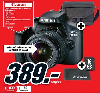 diameter Mammoet bekken Canon Canon eos 4000d 18-55 + sb130 + 16 gb reflexcamera - Promotie bij Media  Markt