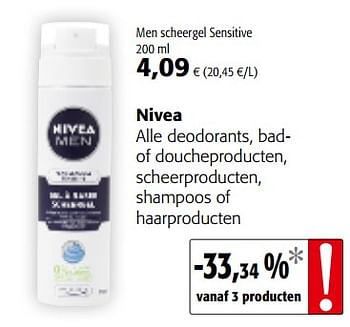 Promoties Nivea alle deodorants, badof doucheproducten, scheerproducten, shampoos of haarproducten - Nivea - Geldig van 20/06/2018 tot 03/07/2018 bij Colruyt