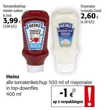 Promoties Heinz alle tomatenketchup 500 ml of mayonaise in top-downfles - Heinz - Geldig van 20/06/2018 tot 03/07/2018 bij Colruyt