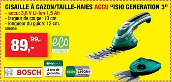 Promotions Bosch cisaille à gazon-taille-haies accu isio generation 3 - Bosch - Valide de 13/06/2018 à 24/06/2018 chez Hubo