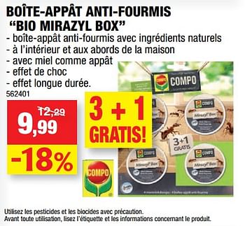 Promoties Boîte-appât anti-fourmis bio mirazyl box - Compo - Geldig van 13/06/2018 tot 24/06/2018 bij Hubo