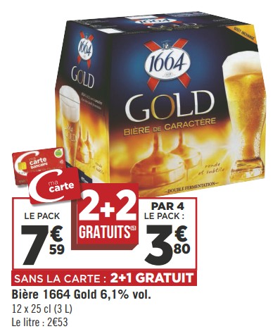 Promotions Bière 1664 gold 6,1% vol. - Kronenbourg - Valide de 19/06/2018 à 01/07/2018 chez Géant Casino