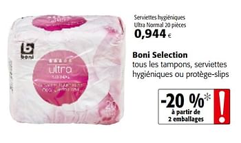 Promotions Boni selection tous les tampons, serviettes hygiéniques ou protège-slips - Boni - Valide de 20/06/2018 à 03/07/2018 chez Colruyt