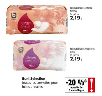 Promotions Boni selection toutes les serviettes pour fuites urinaires - Boni - Valide de 20/06/2018 à 03/07/2018 chez Colruyt