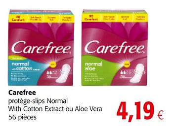 Promotions Carefree protège-slips normal with cotton extract ou aloe vera - Carefree - Valide de 20/06/2018 à 03/07/2018 chez Colruyt