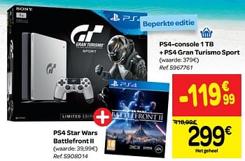 Promoties Ps4-console 1 tb + ps4 gran turismo sport + ps4 star wars battlefront ii - Sony - Geldig van 20/06/2018 tot 02/07/2018 bij Carrefour