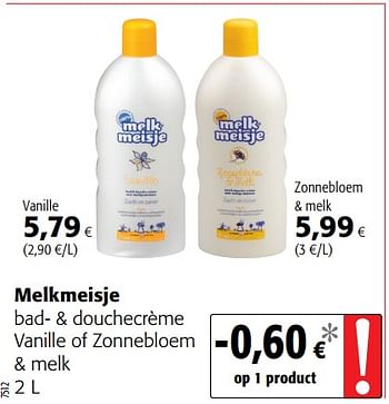 Promoties Melkmeisje bad- + douchecrème vanille of zonnebloem + melk - Melkmeisje - Geldig van 20/06/2018 tot 03/07/2018 bij Colruyt