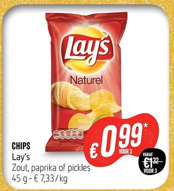 Promoties Chips lay`s zout, paprika of pickles - Lay's - Geldig van 21/06/2018 tot 27/06/2018 bij Delhaize